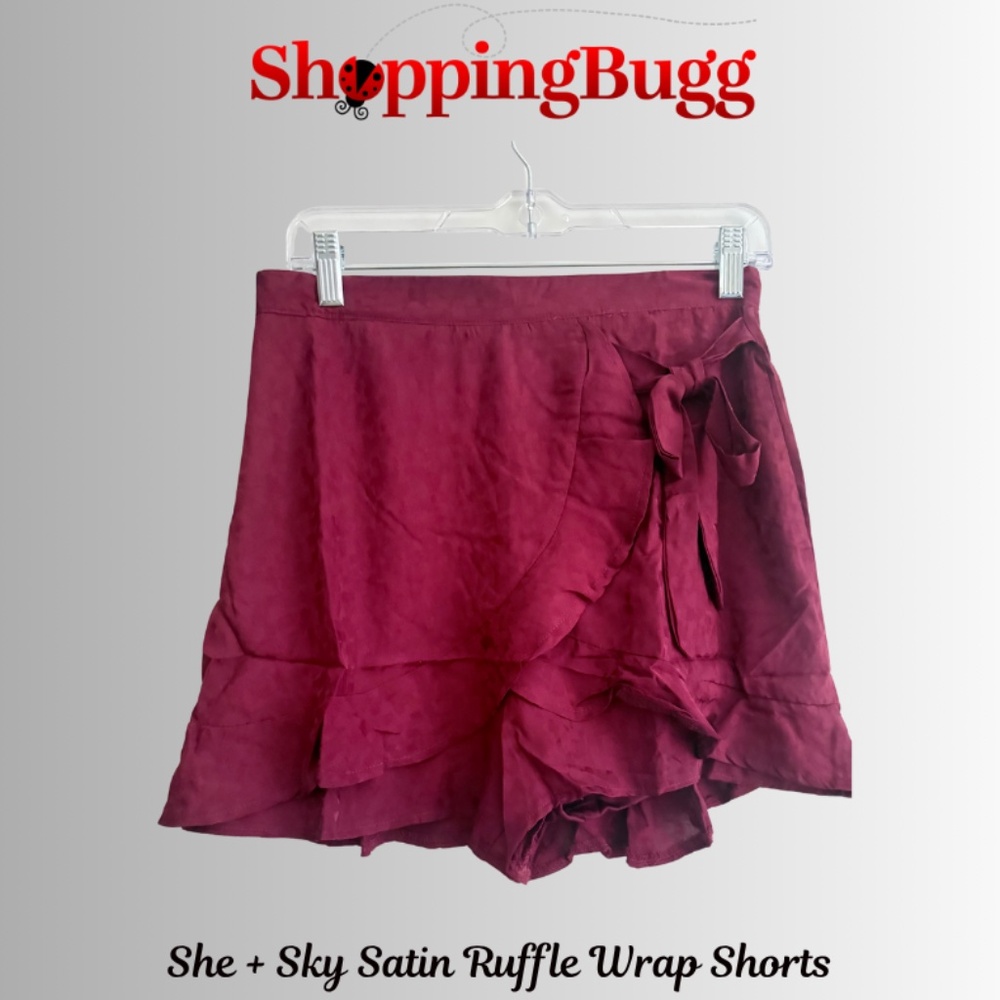 She + Sky Jacquard Satin Ruffle Wrap Shorts w/Side Tie Detail ~ NWT! (SB1369)